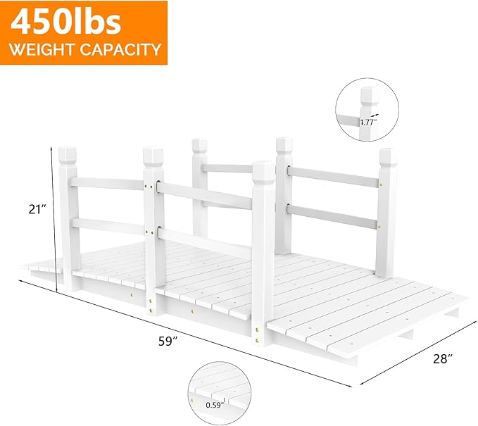 VINGLI Garden Bridge, Classic Wooden Bridge with Safety Rails, Decorative Arched Footbridge (White, 5 ft)