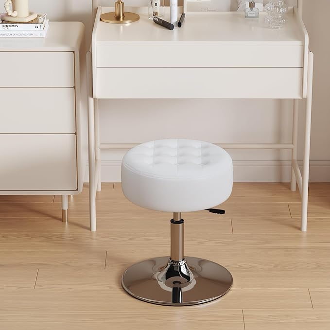 Furniliving PU Leather Makeup Ottoman Stool, 16.5" to 20.5" Height Adjustable Swivel Vanity Stool Round Ottoman Chair for Living Room Bedroom Entryway, IvoryWhite