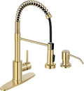 DJS Kitchen Faucets with Soap Dispenser - Dual Mode Setting Single Handle 1 or 3 Holes Commercial Black Kitchen Sink Faucet with Deck Plate for Farmhouse RV Vessel Basin (Brush Gold)