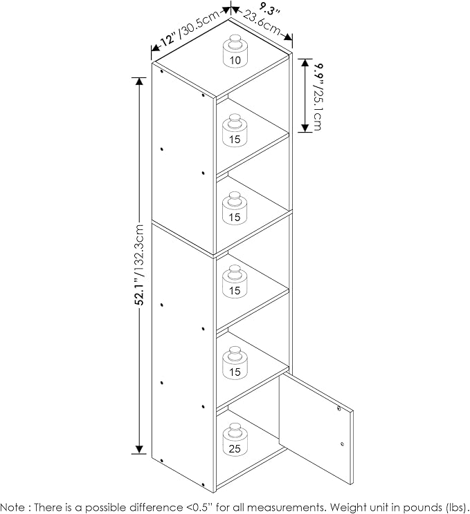 Furinno LUDER Book Shelf, 5-Tier Modern Bookshelf, Bookcase with 1 Door Storage Cabinet, 9.3 x 12 x 52,for Organization and Storage, for Living Room, Bedroom, Home Office, Blackwood