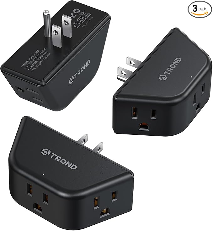 TROND Multi Plug Outlet 3 Pack - Wall Extender with 3-Prong Grounded Sockets, 3 Way Angled Outlet Adapter, Cruise Essentials, Expander for Travel, Home, Hotel, Dorm Room, Black
