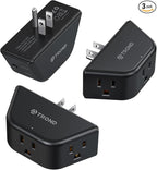 TROND Multi Plug Outlet 3 Pack - Wall Extender with 3-Prong Grounded Sockets, 3 Way Angled Outlet Adapter, Cruise Essentials, Expander for Travel, Home, Hotel, Dorm Room, Black