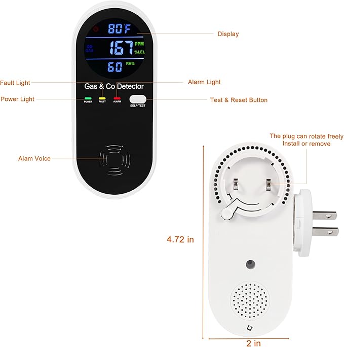 Koabbit Explosive-Gas & Carbon-Monoxide-Detectors, Plug in Carbon Monoxide Alarm,Natural Gas Detector,4-in-1 Combustible Gas & CO Detector with Fahrenheit(°F) & Humidity for Home,RV,Apartment