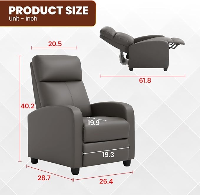 BestMassage | Recliner Chair | No Massage Function | Pu Grey | with Lumbar Support, Adjustable Push Back, Wide Armrests, Footrest & Padded Seat | Easy Assembly | for Living Room, Home Theatre