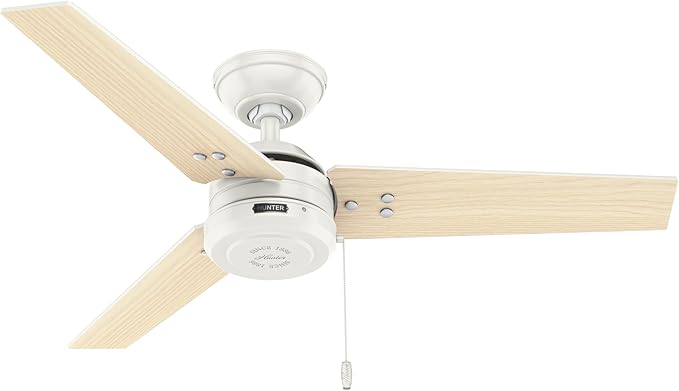 Hunter 44 inch Outdoor or Indoor Ceiling Fan No Light - White Ceiling Fan without Light, For Patio, Porch, Garage, or Living Room, Standard Mount, 3 Blades, Pull Chain - Cassius 50262, Fresh White