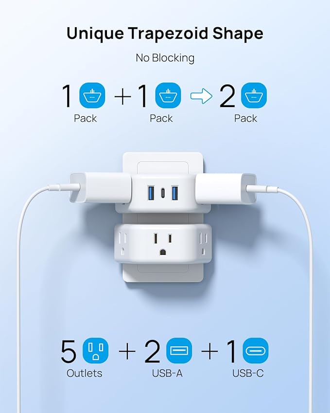 TROND Multi Plug Outlet Extender with USB - 2 Pack Wall Splitter, 3 Way Angled Outlet Adapter, Cruise Essentials, Small Multiple Expander for Cruise Ship Travel Home Office Dorm Room