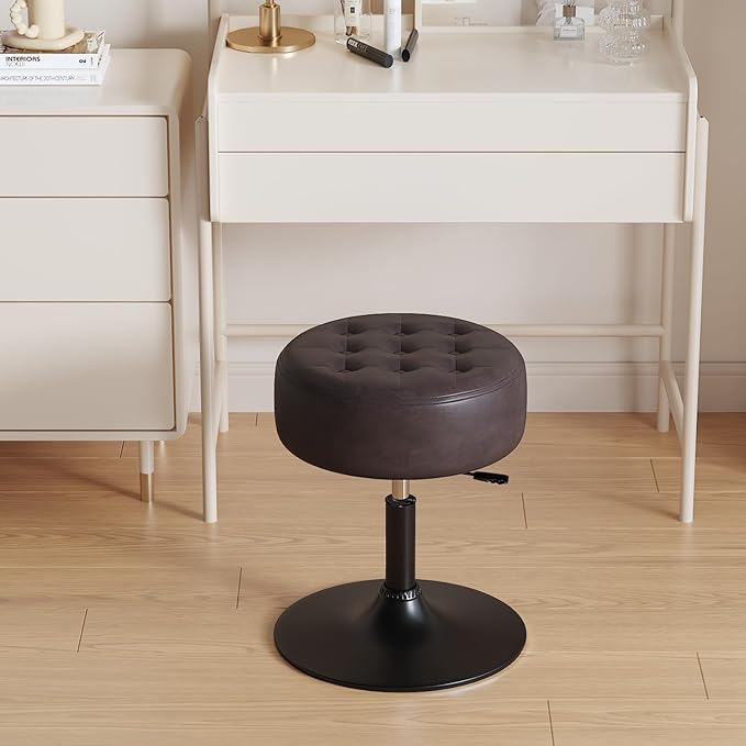 Furniliving Mid-Century Tufted Adjustable Swivel Makeup Ottoman Stool; Modern Big Size Round Vanity Stool Chair for Bedroom Living Room (BlackBrown)