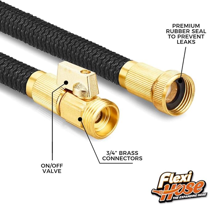 Flexi Hose Plus Expandable Garden Hose with 8 Function Nozzle, 25FT - Lightweight Retractable Garden Hose, Water Hose - No-Kink Flexibility, 3/4 Inch Solid Brass Fittings Includes Hook & Bag