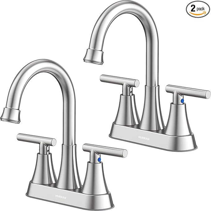 Bathroom Faucets for Sink 3 Hole, Hurran 4 inch Brushed Nickel Bathroom Sink Faucet with Pop-up Drain and Supply Hoses, Stainless Steel Lead-Free Centerset Faucet for Vanity RV, 2 Pack