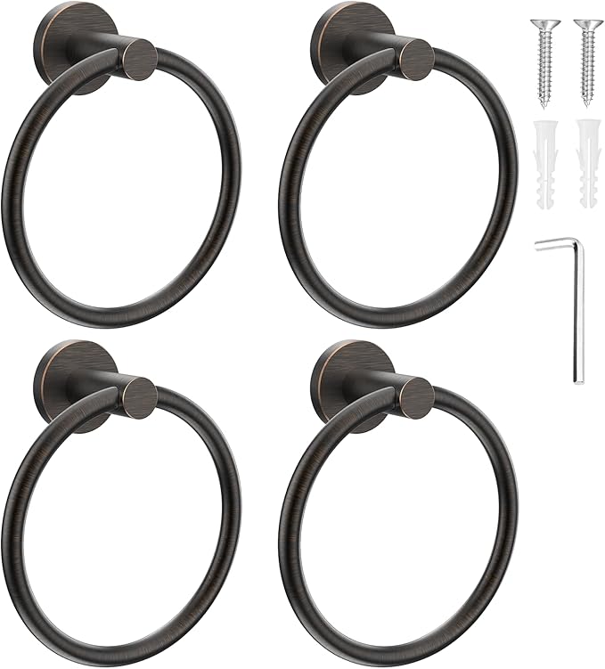 SetSail Towel Holder for Bathroom Wall Screw-in Towel Ring Stainless Steel Hand Towel Holder 4 Packs Oil Rubbed Bronze Towel Hanger for Bathrooms, Kitchen