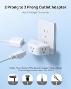 TROND 2 Prong to 3 Prong Outlet Adapter 2 Pack, 3-Way Angled Wall Extender with 3 AC Sockets, Plug Expander for Non-Grounded Outlets in Old House, Cruise Ship Essentials, White