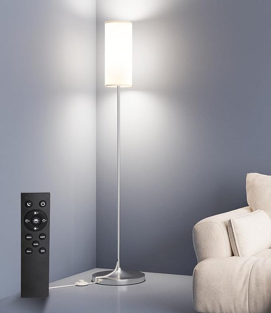 luckystyle LED Floor Lamp for Living Room, Dimmable Standing Lamps with Foot Switch,Remote Custom Color Temperature Silver Pole Lamp with Lampshade,12W Led Bulb Tall Lamps for Bedroom Office Kid Room