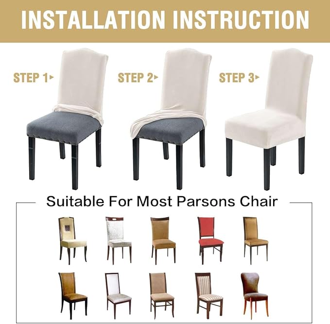 H.VERSAILTEX Dining Chair Covers Velvet Stretch Chair Covers for Dining Room Set of 6 Parson Chair Slipcovers Chair Protectors Covers, Soft Thick Solid Velvet Fabric Washable, Ivory