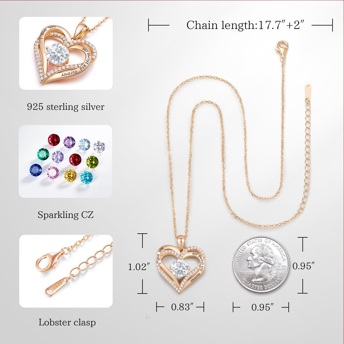 CDE Forever Love Heart Necklace - S925 Silver Birthstone Pendant, Anniversary & Valentine’s Gift