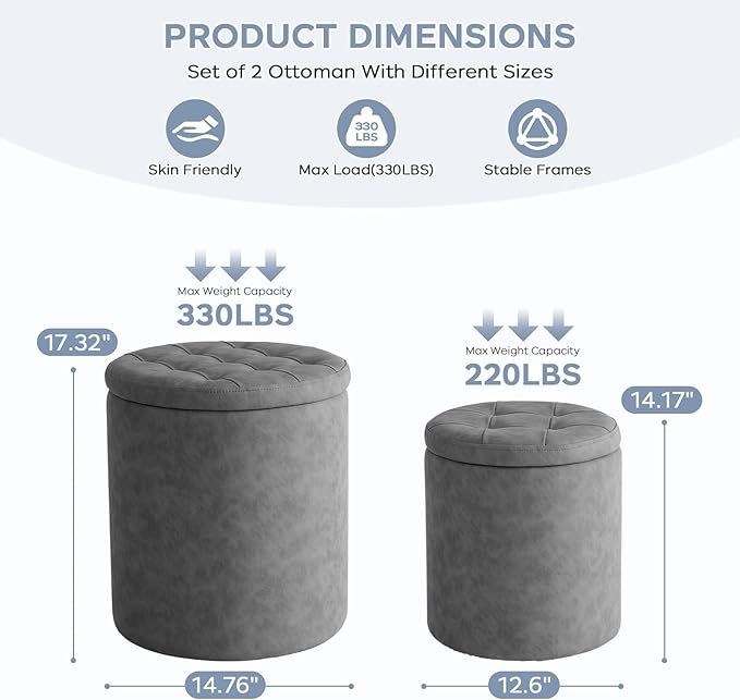 12.6" W x 14.17" H & 14.76" W x 17.32" H Round Set of 2 Ottoman with Storage Vanity Stool for Makeup Multifunctional Ottomans Padded Seat Foot Rest, Padded Seat Footrest for Living Room,Grey