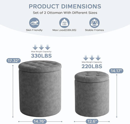 12.6" W x 14.17" H & 14.76" W x 17.32" H Round Set of 2 Ottoman with Storage Vanity Stool for Makeup Multifunctional Ottomans Padded Seat Foot Rest, Padded Seat Footrest for Living Room,Grey