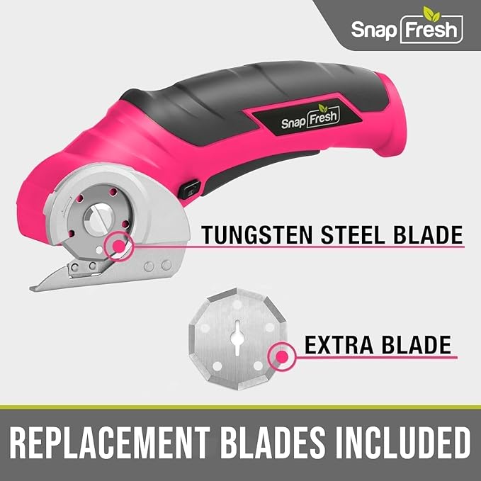 SnapFresh Cordless Electric Scissors, 4V Rechargeable Electric Box Cutter for Cardboard Boxes, Carpet & Paper, Rotary Cutter for DIY Projects, Safety Box Cutter with Battery & Type-C Cable (Hot Pink)