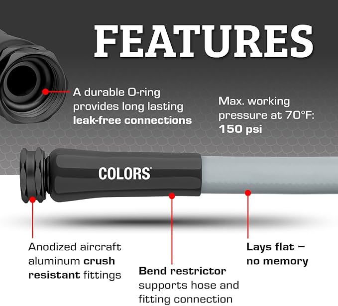 Flexzilla Colors Garden Hose 5/8 in. x 50 ft., Lightweight All-Weather Water Hose, Durable and Flexible, Leak-Free Connections, Slate Gray