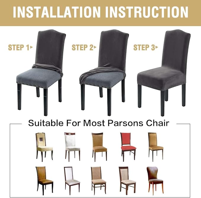H.VERSAILTEX Velvet Dining Chair Covers Stretch Chair Covers for Dining Room Set of 6 Parson Chair Slipcovers Chair Protectors Covers Dining, Soft Thick Solid Velvet Fabric Washable, Grey