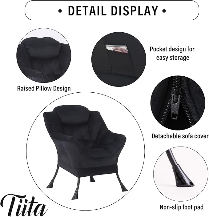 Tiita Lazy Chair, Black Modern Large Accent Armchair, Comfy Leisure Sofa Reading Chair for Bedroom, Living Room, Dorm Rooms, Garden and Courtyard, Black