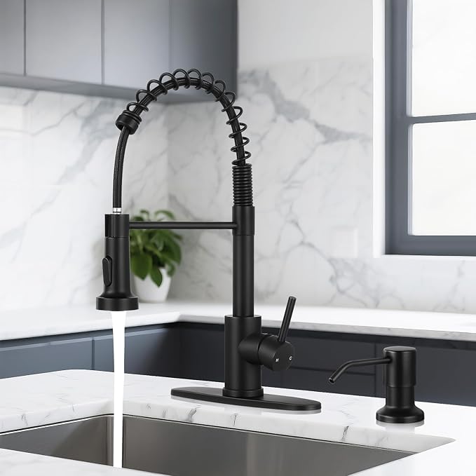 DJS Kitchen Faucets with Soap Dispenser High Arc Single Handle 1 or 3 Holes Spring Kitchen Sink Faucet with Deck Plate for Farmhouse RV Vessel Basin Matte Black