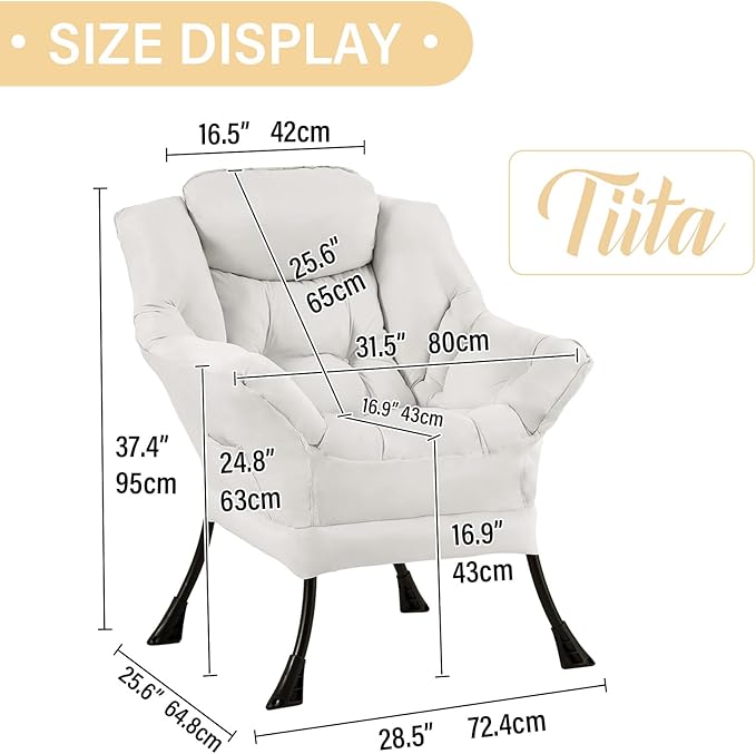 Tiita Lazy Chair, Beige Modern Large Accent Armchair, Comfy Leisure Sofa Reading Chair for Bedroom, Living Room, Dorm Rooms, Garden and Courtyard, Beige