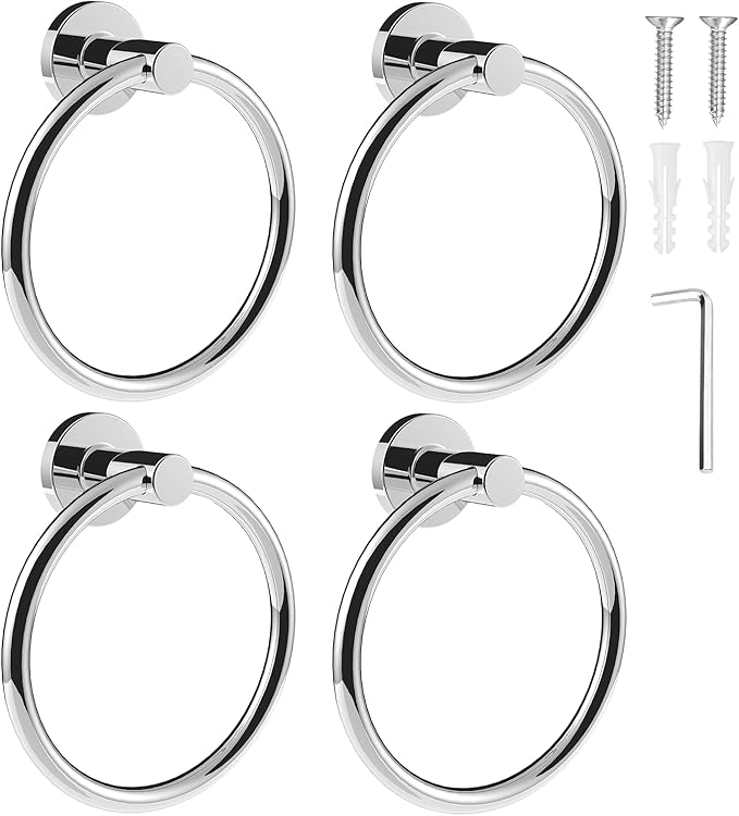 SetSail Towel Holder for Bathroom Wall 4 Packs Towel Ring Stainless Steel Heavy Duty Hand Towel Hanger for Bathroom Screw-in, Mirror Silver