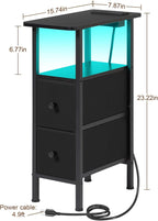 Narrow Nightstand with Charging Station, End Tables Living Room Set of 2, Skinny Side Table with Fabric Drawers, Small Sofa Table with LED Light for Bedroom, Black, HETNDP02LBK