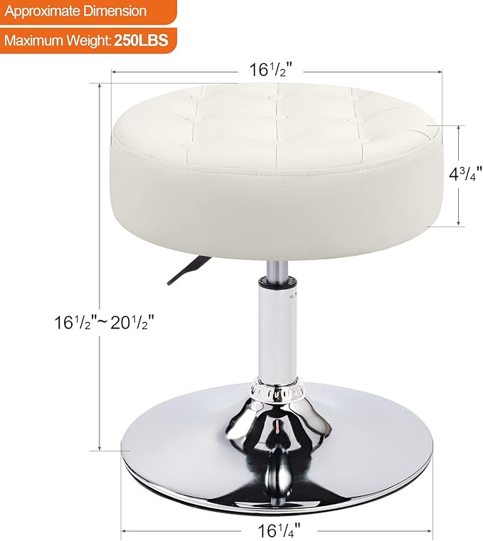 Furniliving PU Leather Makeup Ottoman Stool, 16.5" to 20.5" Height Adjustable Swivel Vanity Stool Round Ottoman Chair for Living Room Bedroom Entryway, IvoryWhite