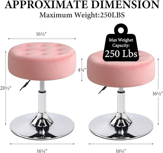 Furniliving Mid-Century Velvet Tufted Makeup Ottoman Stool, 360° Swivel Adjustable Vanity Stool Modern Big Size Vanity Chair Stools for Living Room Bedroom Bathroom, Pink