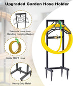 Outdoor Garden Hose Holder Freestanding with Brass Faucet And 4 Spikes, Heavy Duty Metal Water Hose Reel Stand Hanger Rack Organizer Holds Storage 150ft Hose for Outside Yard Lawn, Black
