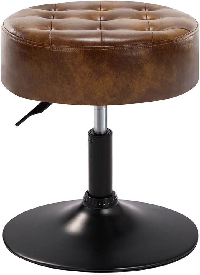 Furniliving Faux Leather Makeup Vanity Stool, Mid-Century Tufted Adjustable Swivel Ottoman Stool Modern Big Size Round Accent Chair for Living Room Bedroom Bathroom, YellowBrown