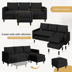 JAMFLY 3-Seat Convertible L-Shaped Sectional Sofa with Reversible Ottoman, Upholstered Fabric Couch for Small Living Rooms, Modern Modular Couch for Apartment, Studio & Loft, Black