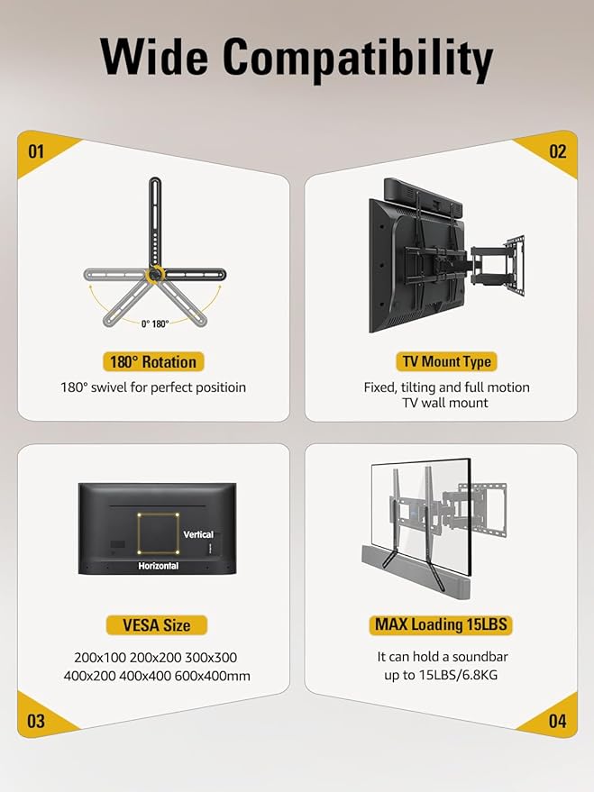 Mounting Dream Soundbar Mount Bracket for Mounting Above or Under TV Fits Most of Sound Bars Up to 15 Lbs, with Detachable Long Extension Plates MD5420