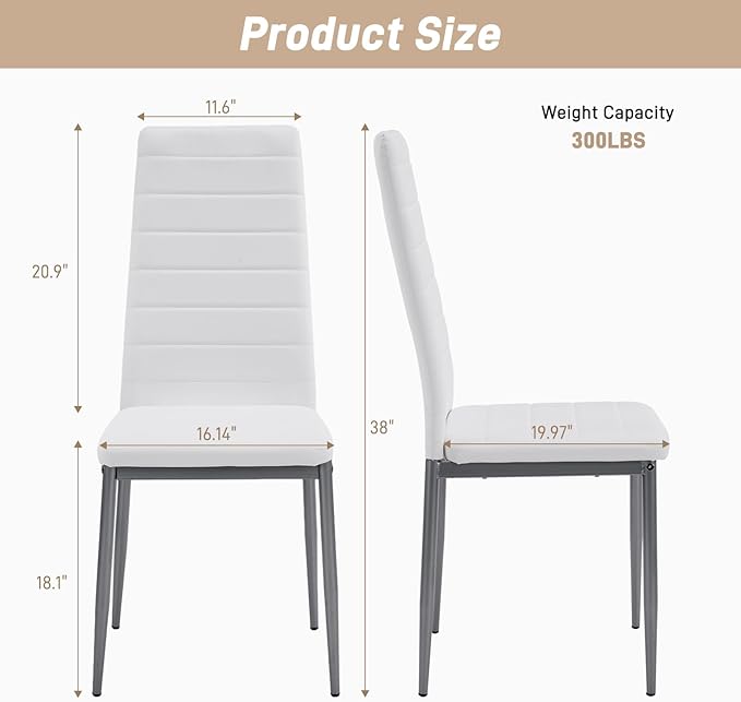Karl home White Dining Chair Set of 4, Leather Dining Chairs with Curved Back & Foot Cap Protection for Dining Kitchen Living Room, 300lbs Capacity