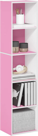 Furinno PASIR Book Shelf, 5-Tier Modern Bookshelf, Open Shelves Bookcase 9 x 12 x 52, Easy Assembly, for Living Room, Bedroom, Home Office, Pink/White