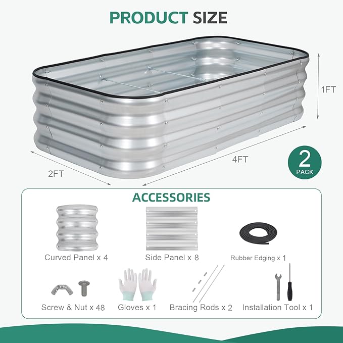 3 in 1 Galvanized Raised Garden Bed - 4x2x1ft (2Packs) Modular Planter Box Outdoor | Metal Raised Bed Kit with Bracing Rods for Gardening Vegetables Flowers Fruits Herbs (Silver)