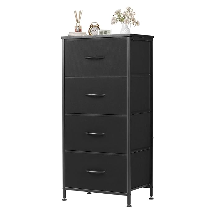 Dresser for Bedroom with 4 Drawers, Anti-Tip Tall Fabric Chests Storage Organizer Tower Furniture with Wooden Top Metal Frame for Clothes, Closet, Living Room, Hallway, Entryway