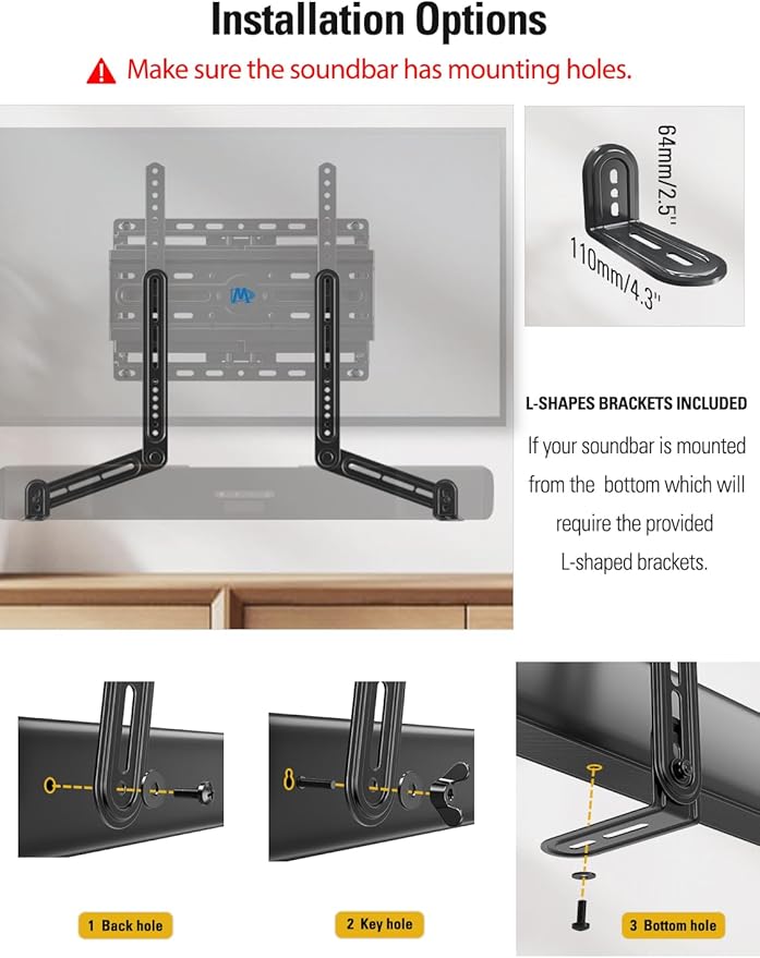Mounting Dream Soundbar Mount Bracket for Mounting Above or Under TV Fits Most of Sound Bars Up to 15 Lbs, with Detachable Long Extension Plates MD5420