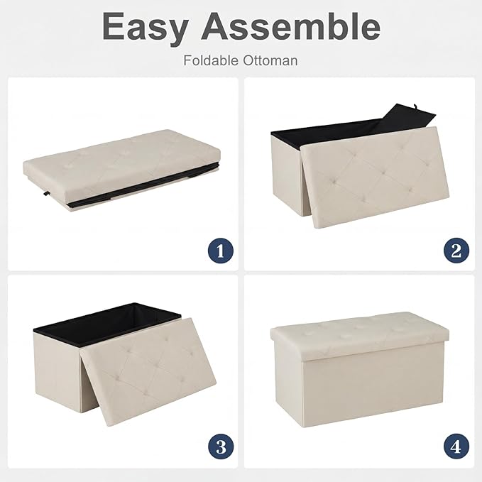 DUMOS 30in Foldable Storage Ottoman Bench, Foot Rest Stool Load 350Lbs,Storage Chest with Padded Seat, End of Bed Bedroom Bench for Living Room,Bedroom, Beige