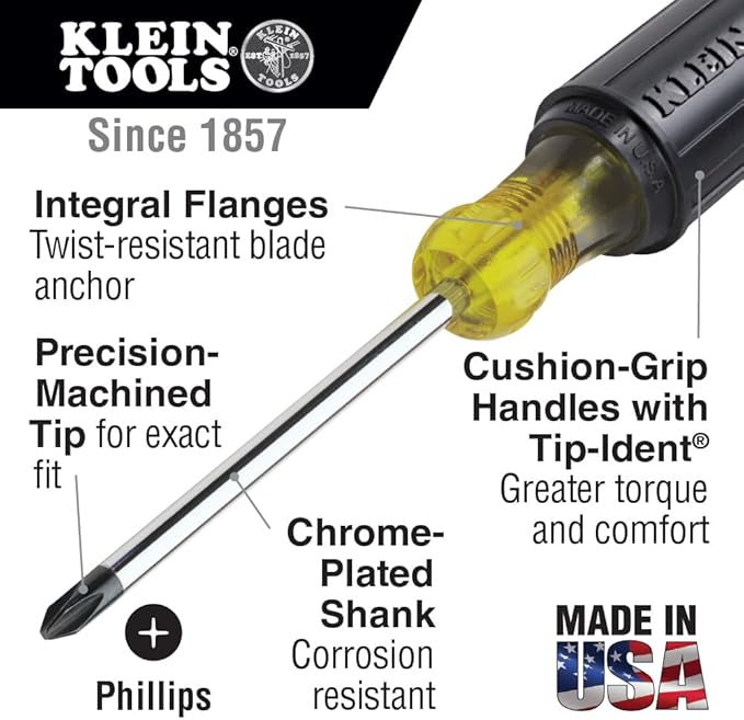 Klein Tools 85442 Klein Tools 85442 Screwdriver 2-Piece Set, Made in USA, 1/4 Keystone and #2 Phillips, Cushion Grip, Round and Square Shank, Heat Treated, Home Improvement