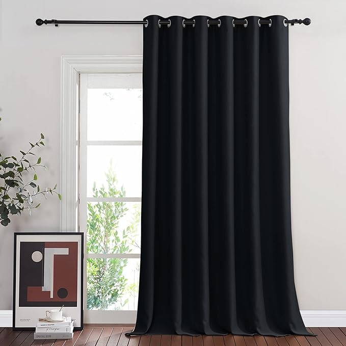 NICETOWN Black Out 132 inch Curtain for Patio Door, Grommet Thermal Insulated Room Divider Wide Winodw Treatment Sound Reducing for Bedroom, Black, 1 Panel, 80" W x 132" L