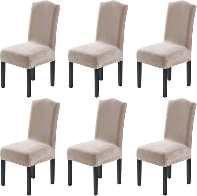 H.VERSAILTEX Velvet Dining Chair Covers Stretch Chair Covers for Dining Room Set of 6 Parson Chair Slipcovers Chair Protectors Covers Dining, Soft Thick Solid Velvet Fabric Washable, Oatmeal