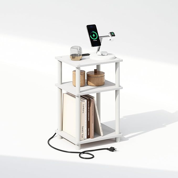 Furinno JUST Night Stand, 3-Tier Turn-N-Tube Nightstand with Charging Station, Bedside Table, End Table, Side Table with USB and Type-C Charging Port, for Bedroom, Closet, Dorm, White
