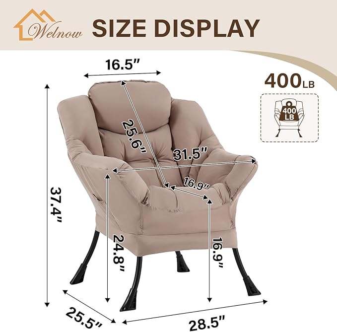 Welnow Lazy Chair for Living Room, Modern Reading Accent Chair with Armrests and a Side Pocket, Leisure Upholstered Lazy Sofa for Small Space, Bedroom, Dorm, Khaki