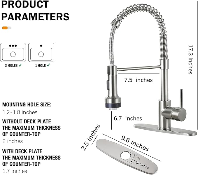 DJS Kitchen Faucets with Pull Down Sprayer Brushed Nickel LED Light Single Handle 1 or 3 Holes Spring Kitchen Sink Faucet with Deck Plate for Farmhouse RV Vessel Basin