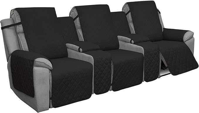 Easy-Going Recliner Sofa Cover with Console, Reversible Couch Cover for Living Room, Split Sofa Cover for Each Seat with Elastic Straps for Kids, Dogs, Pets (3 Seater, Black/Beige)