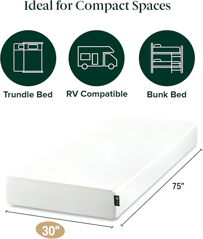 Zinus 6 Inch 75" x 30" (Narrow Twin) Green Tea Memory Foam Mattress [New Version], Fiberglass Free, Medium Firm Feel, Zoned Pressure Relief, Certified Safe Foams & Fabric, Mattress in A Box