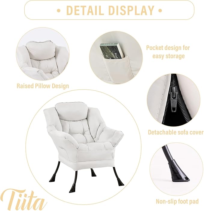 Tiita Lazy Chair, Beige Modern Large Accent Armchair, Comfy Leisure Sofa Reading Chair for Bedroom, Living Room, Dorm Rooms, Garden and Courtyard, Beige