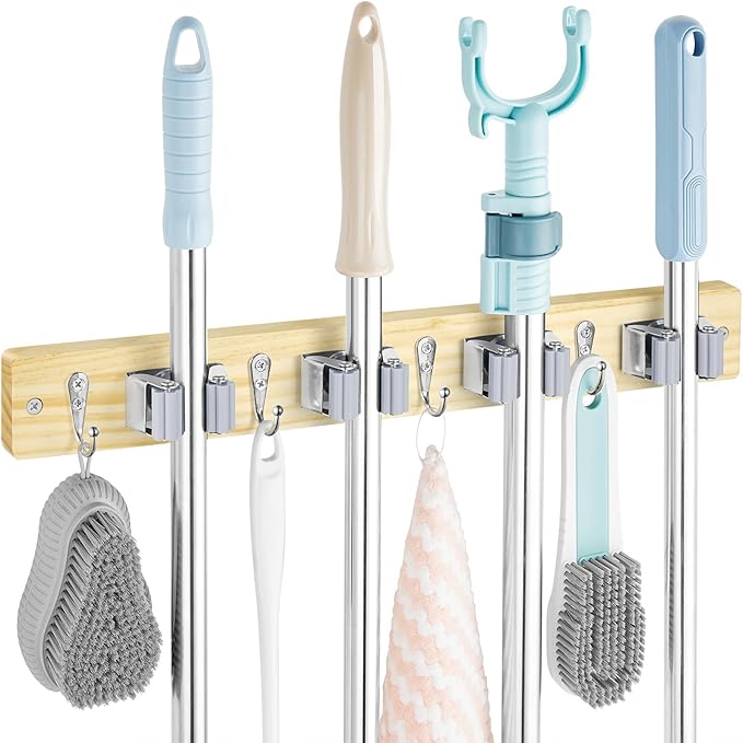 Mop and Broom Holder Wall Mount - Light Wood Broom Mop Hanger - Wall Mounted Garden Tool Rack Organizer for Closet Garage Laundry Room Kitchen With 4 Slots & 4 Hooks